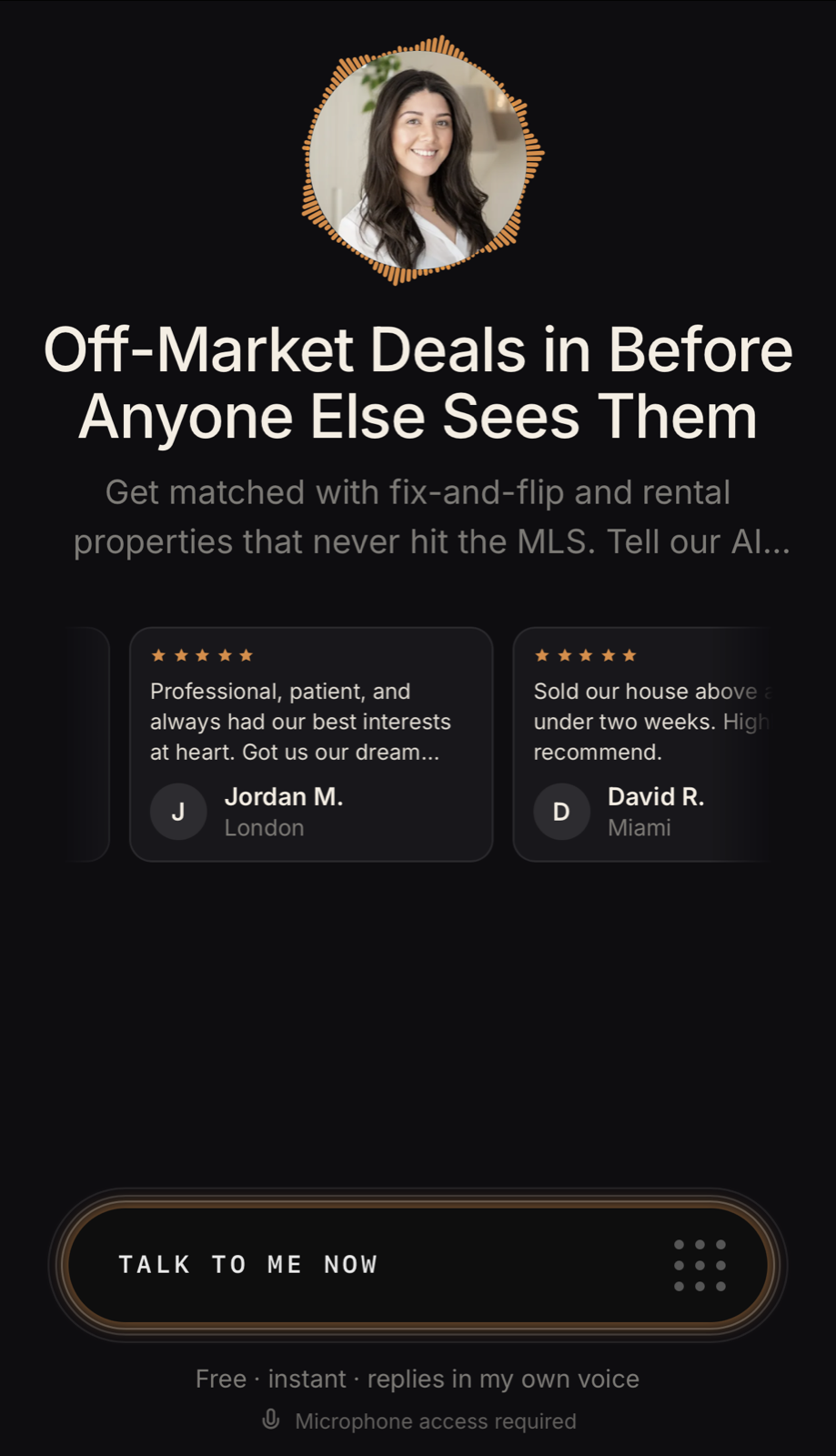A Closedit AI Twin voice funnel on a phone where a prospect taps Talk to me now to start a real voice call and book a meeting