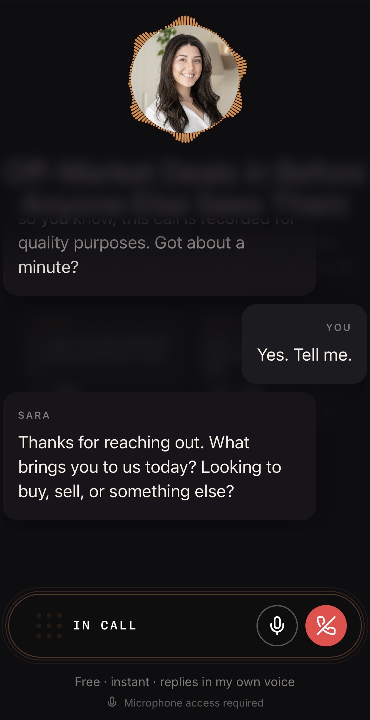 The AI twin on a live voice call, with a real-time transcript of the conversation